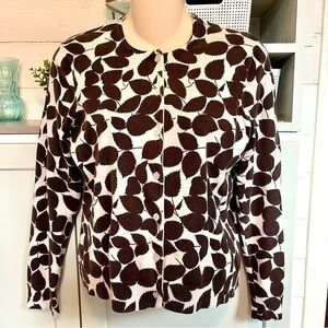 Lands’ End Cardigan Sweater Small Off White and Brown Leaf Pattern